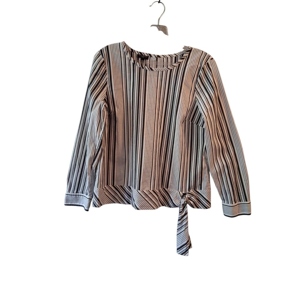 Talbots Poplin Black & White Vertical Stripe Tie-Hem Blouse - Picture 3 of 8